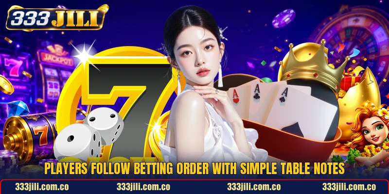 Players follow betting order with simple table notes