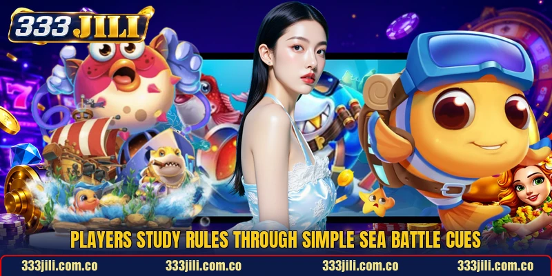 Players study rules through simple sea battle cues